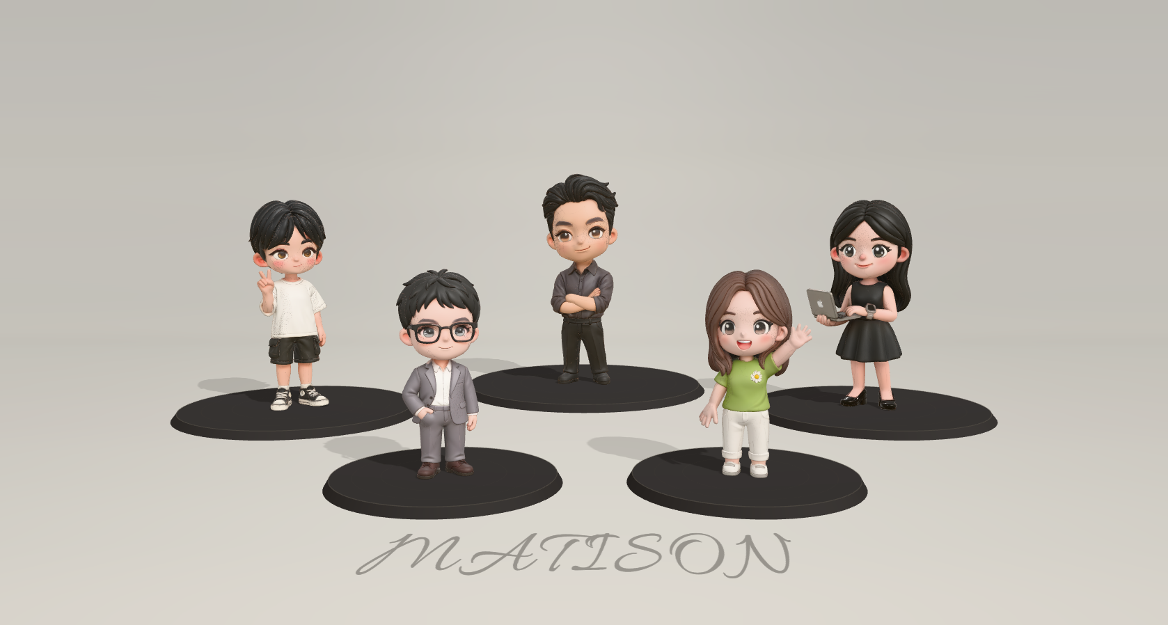 Team Space：Howard、Cao、Flora、Yang、Shen 五位交付工程师的三维团队全景，前方地面有 MATISON 花体字标